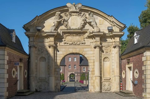 Ahaus Baroque and moated castle, magnificent portal, today the seat of the Ahaus Technical Academy,