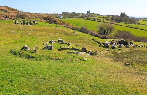 Drombeg stone circle, County Cork, Ireland, Irish Republic roundhouse Fulacht fiadh structure in