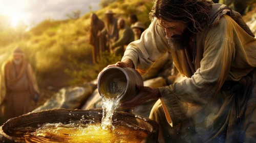 Holy Bible stories and legends, Jesus Christ turns water into wine, AI generated
