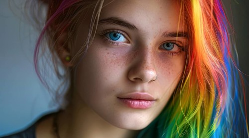 Portrait of a lesbian LGBTQ young lady with colored rainbow hair and piercings, AI generated