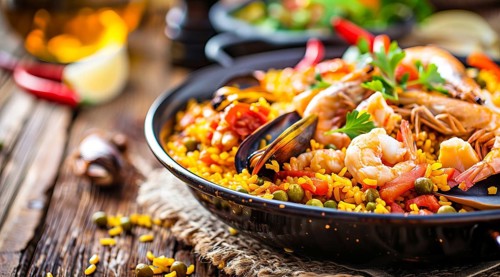 Authentic seafood paella senyoret on a wooden table., AI generated