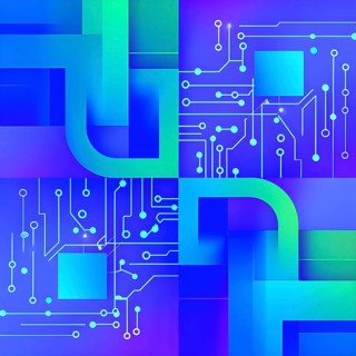 Interlocking geometric shapes that morph into circuits, symbolizing AI logic and algorithms,