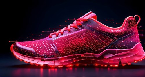 Running shoe, breaking into pixels and data points, morphing into a network of neural nodes,