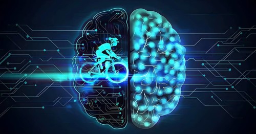 Abstract brain split into two halves, one side athletic motion, the other side neural network,