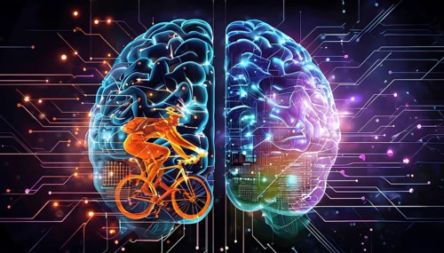 Abstract brain split into two halves, one side athletic motion, the other side neural network,
