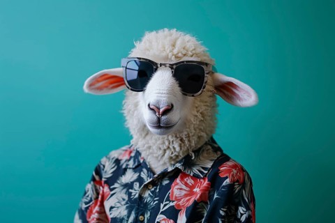 Funny white sheep with sunglasses and shirt in front of blue background. Generative Ai, AI
