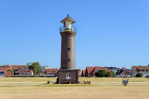 Lighthouse Memmertfeuer, blue sky, North Sea, Juist, East Frisian Islands, Lower Saxony, Germany,