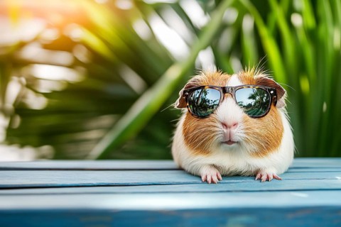 Cool pet guinea pig wearing sunglasses in summer. Generative AI, AI generated