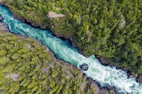 Futaleufu river flowing in a deep gorge, near viewpoint Mirador del Diablo, aerial view, Patagonia,