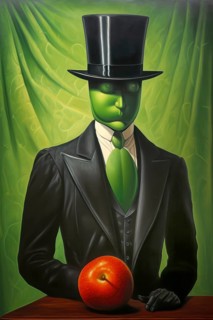 Surrealist representation of a man with a green face, a black top hat and a red apple in hand, AI