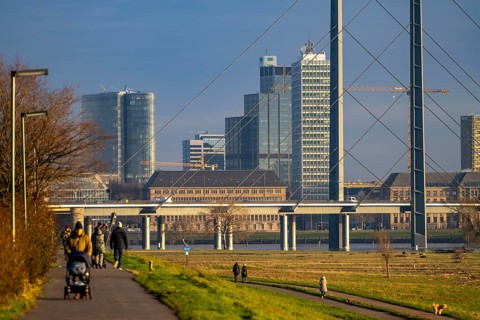View of the Düsseldorf skyline with the Rheinkniebrücke bridge from the Oberkassler Rheinwiesen