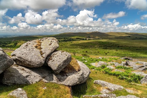 Landscape at the rock formation King's Tor tor in Dartmoor, Devon, England, Great Britain