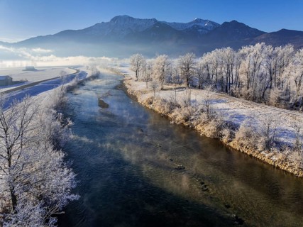 River, morning light, fog, hoarfrost, mountains, winter, snow, aerial view, Loisach, view of