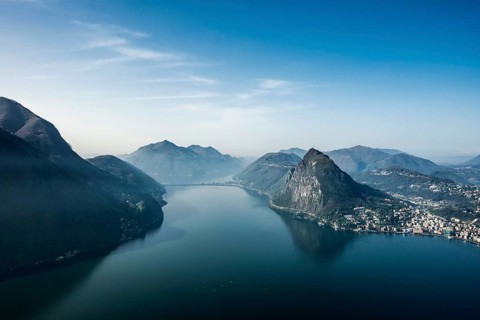 Panorama, View of Lugano from Monte Brè, Spring, Lugano, Lake Lugano, Lago di Lugano, Ticino,