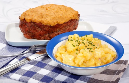 Swabian cuisine, Stuttgarter Leberkäs in a horseradish-mustard coating, Swabian potato salad,