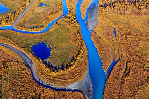 Lake, river, river delta, autumn colours, autumn, mountains, sunny, aerial view, Rapadalen,