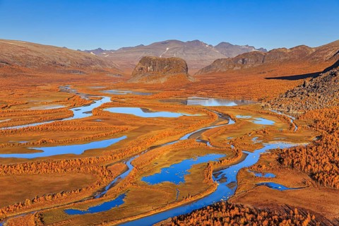 Lake, river, river delta, autumn colours, autumn, mountains, sunny, aerial view, Rapadalen, view of