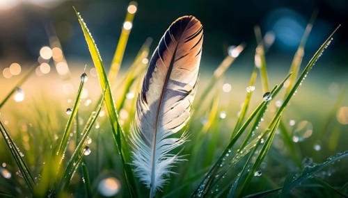 A lone feather resting gently on a dew-covered grassy field, with soft morning light illuminating