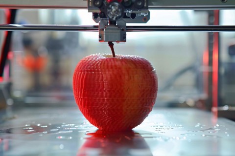 Red apple being printed by 3D printer. KI generiert, generiert, AI generated