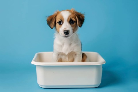 Puppy dog sitting in white litter box. Generative AI, AI generated