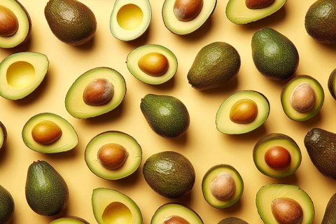 Top view of many whole and halved avocados. KI generiert, generiert AI generated