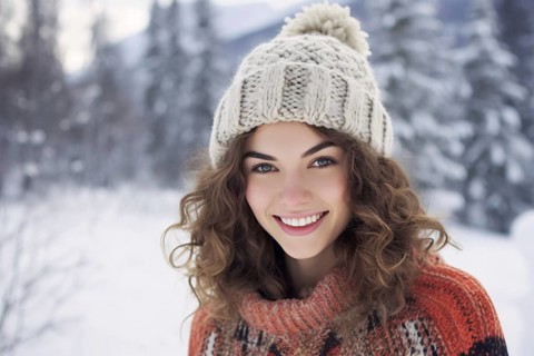 Young woman with knitted winter hat and sweater in snow. KI generiert, generiert AI generated