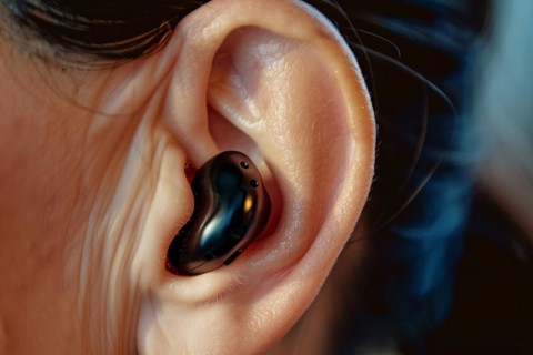 Small black hearing aid in person's ear. KI generiert, generiert, AI generated