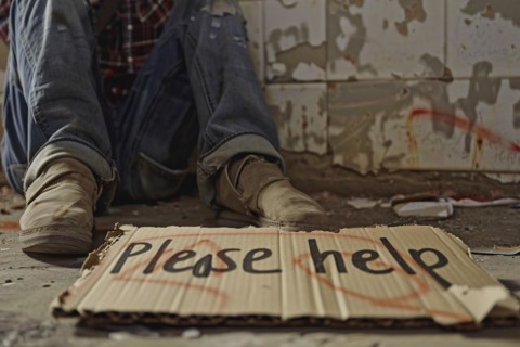 Cardboard sign with text 'Please help' and beggar in street. KI generiert, generiert, AI generated