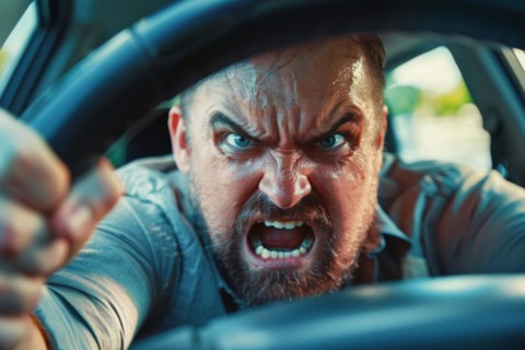 Angry, unnerved, aggressive, screaming man sitting behind the steering wheel, symbolic image for