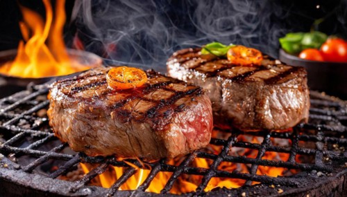 Food, dishes, two beef steaks on a charcoal grill with glowing charcoal, KI generated, AI generated