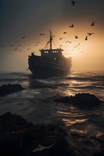 Silhouette of a sunken ship off a foggy coast seagulls circling above, AI generated