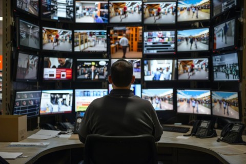 A man sits in a control room with many monitors and monitors various areas in a shopping centre, AI