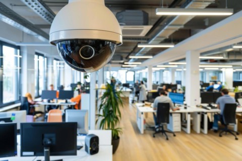 A surveillance camera, CCTV, in an open-plan office, office building, AI generated, AI generated,