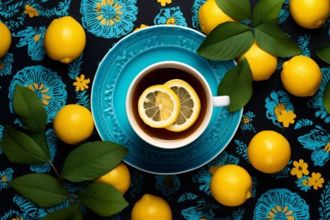 Top view of cup of lemon tea surrounded by fruits. KI generiert, generiert, AI generated