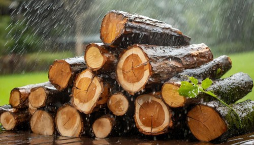 Forestry, timber industry, logs for firewood lying in the rain, AI generated, AI generated