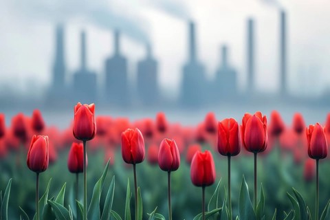 Field with red tulip flowers and factory with grey fumes in background. Generative Ai, AI generated