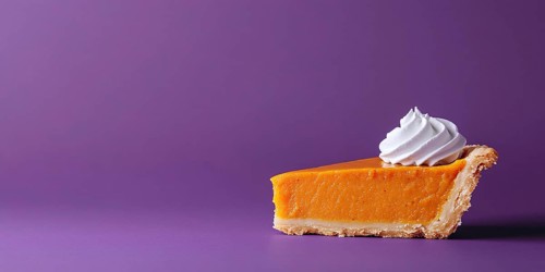 Banner with slice of pumpkin pie with cream on purple violet background with copy space. Generative