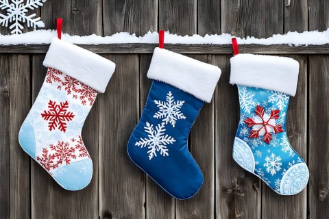 Row of Christmas stockings hanging from a snow-covered wooden fence, with delicate frost patterns
