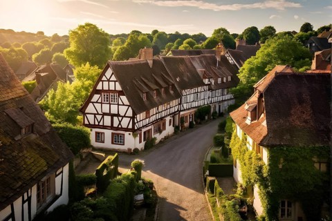 Traditional half timbered house nestled within the heart of a picturesque village in golden hour