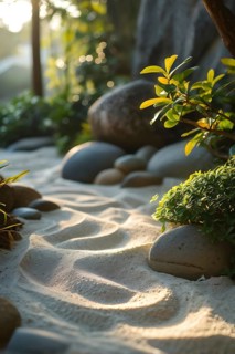 Zen garden bathed in the soft glow of dawn as a serene symbol for relaxation, AI generated