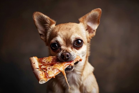 Small Chihuahua dog holding slice of pizza in mouth in front of studio background. Generative Ai,
