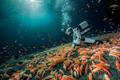 Robot studying swarm of shrimps in deep seabed, AI generated