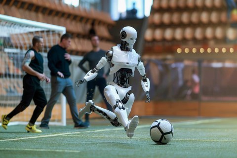 Humanoid robot playing football in a stadium, AI generated