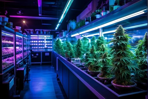 Cannabis dispensary interior with varieties of cannabis plants densely packed, AI generated