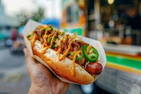Hand holding hot dog topped with caramelized onions and jalapenos with blurry street food truck in