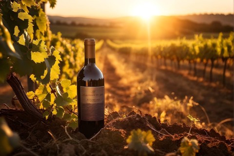 Aged bottle of wine glowing under the low sun with a vineyard in the background, AI generated