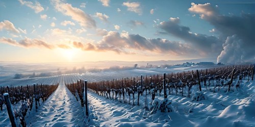 AI generated aerial view of winter in the vineyard with snow blankets dormant vines and ambient