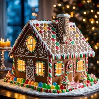 Gingerbread house decorations, focusing on the intricate icing details, colorful candy, and soft,