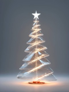 A three dimensional rendering of a futuristic Christmas tree made of glowing, semi-transparent