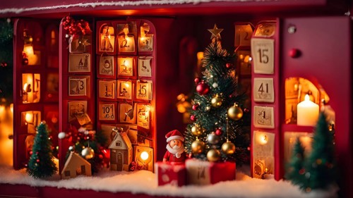 Traditional advent calendar door opening, showing a tiny festive scene inside with miniature
